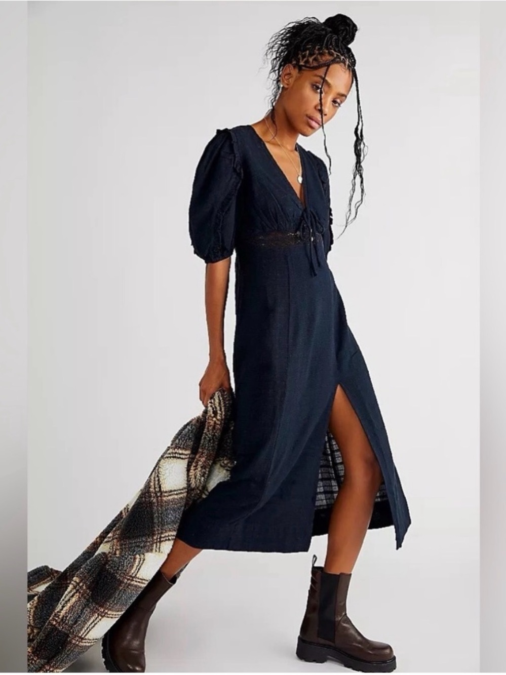 Free People Navy Midi Dress with Puff Sleeves